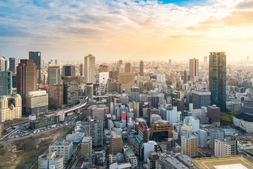 aerial view of osaka skyline cityscape at sunset, Japan