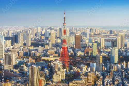 Zdjęcie XXL Linia horyzontu Tokio pejzaż miejski z Tokio wierza przy zmierzchem, Japonia