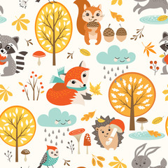 Autumn seamless pattern with cute woodland animals, trees, rainy clouds, mushrooms and leaves.