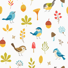 Autumn floral seamless pattern with little birds, leaves, berries, mushrooms and acorns.