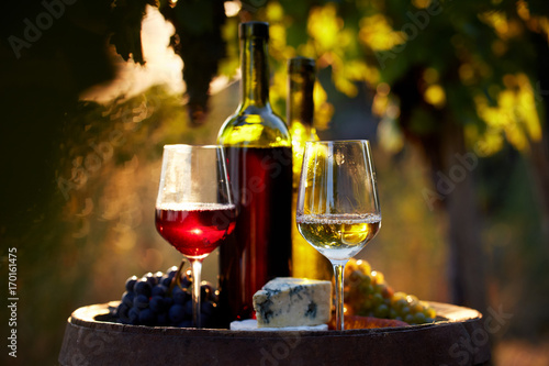 Two glasses of white and red wine with food at sunset