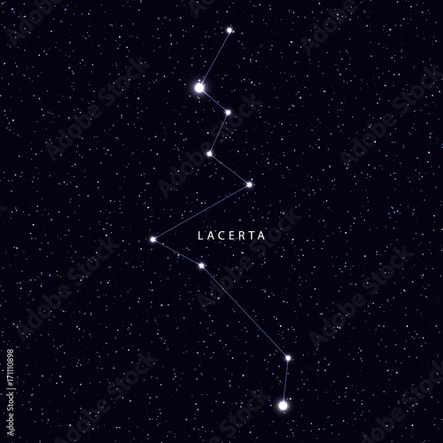 Plakat Sky Map z nazwą gwiazd i konstelacji. Astronomiczny symbol konstelacji Lacerta