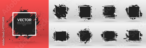 Grunge backgrounds set. Brush black paint ink stroke over square frame. Vector illustration