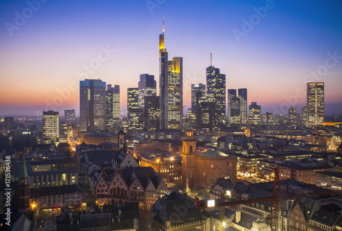 Frankfurt am Main cityscape at night, aerial view