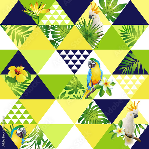 Fototapeta Exotic beach trendy seamless pattern, patchwork illustrated floral vector tropical banana leaves. Jungle cockatoo, parrot Wallpaper print background mosaic