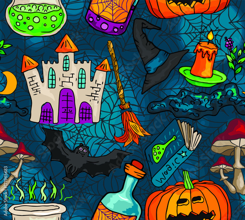 Plakat Wektorowy bezszwowy wzór z ikonami dla Halloween. Ręcznie rysowane doodle dyni, drzewo, pajęczyna, mikstury, książki, grzyby, miotła, zamek.