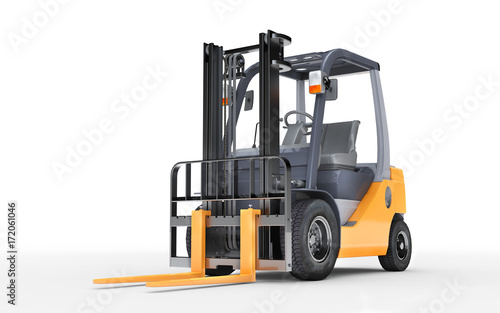 Zdjęcie XXL 3d renderingu forklift ciężarówka na białym tle. Widok z przodu. Widok z dołu