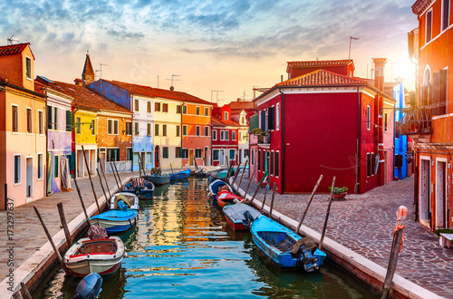 Obraz na płótnie Burano island in Venice Italy picturesque sunset over canal