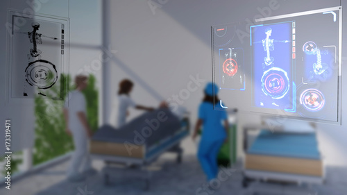 Plakat Sprzęt medyczny, szpital, badanie lekarskie, skanowanie anatomiczne, medycyna przyszłości, szkielet 3d. Badanie medyczne. Interaktywny ekran. Wizyta specjalisty. 3d rendering