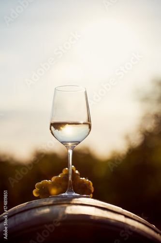 Glass of white wine with grape at sunset