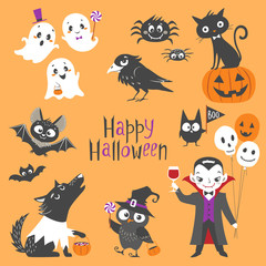 Set of cute Halloween characters.  Pumpkin, ghosts, bats, black cat, raven, spiders, vampire, skin-walker and owl isolated on orange background.