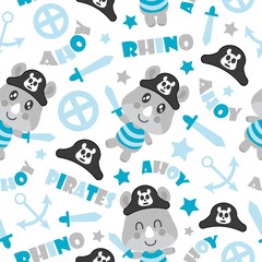 Seamless pattern of cute rhino pirate boys, swords, and anchors vector cartoon illustration for baby shower wrapping paper, fabric clothes, and wallpaper