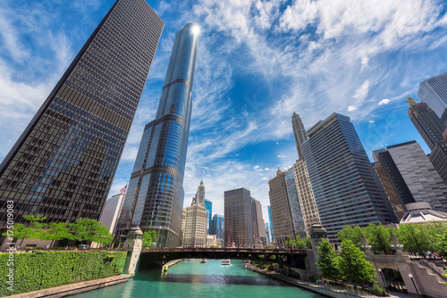 Plakat Chicago City. Chicago śródmieście i Chicagowska rzeka z mostami podczas słonecznego dnia.