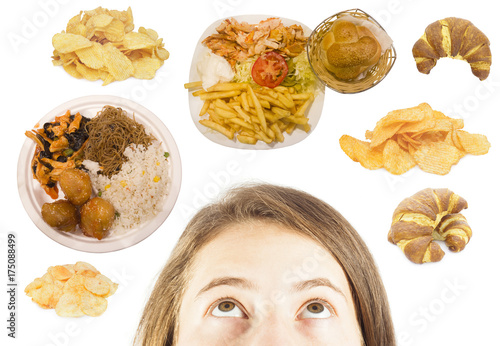 woman thinking about fast food isolated on white