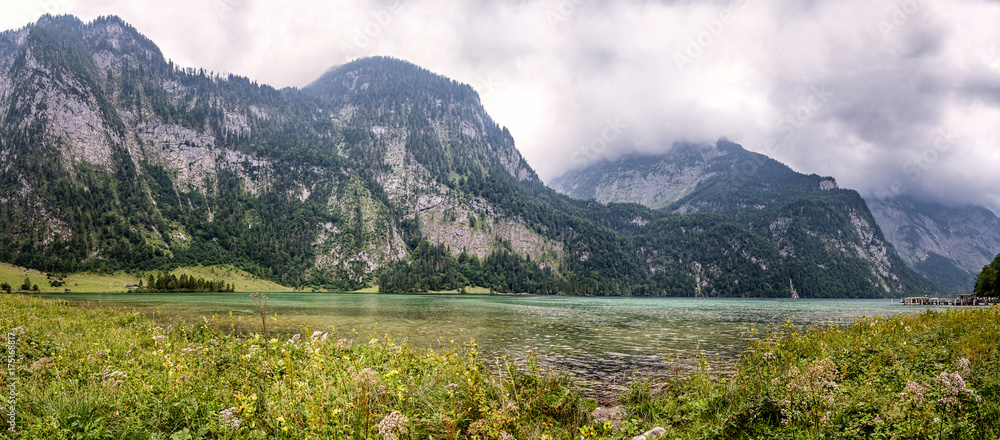 Scenic panoramic view of Konigssee in Bavaria a misty day
