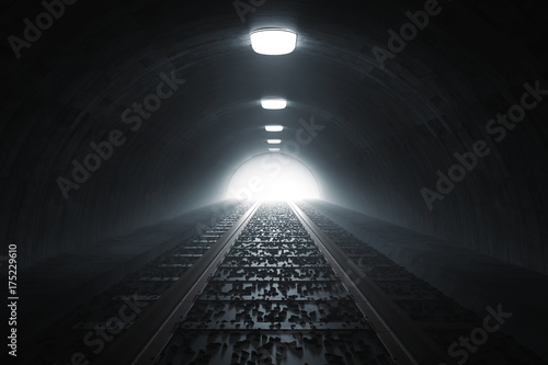 Plakat Ciemny tunel kolejowy z torami i światłem na końcu tunelu. 3d rendering