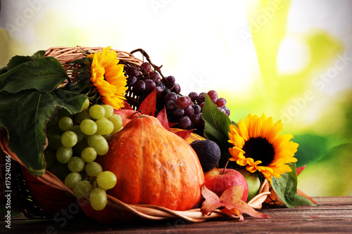 Autumn nature concept. Fall fruit and vegetables on wood. Thanksgiving dinner.