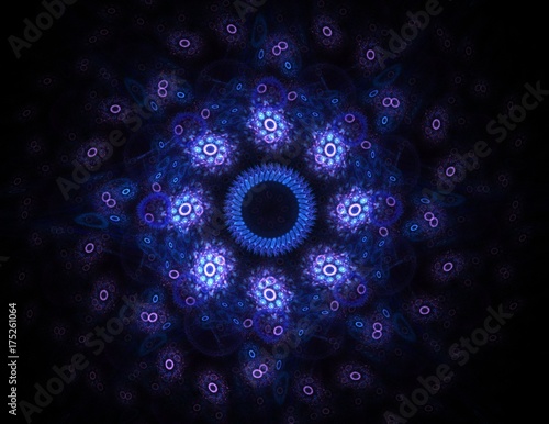 Plakat Cząstki form fraktal streszczenie na temat nauki fizyki jądrowej i projektowania graficznego. Geometria święta futurystyczna