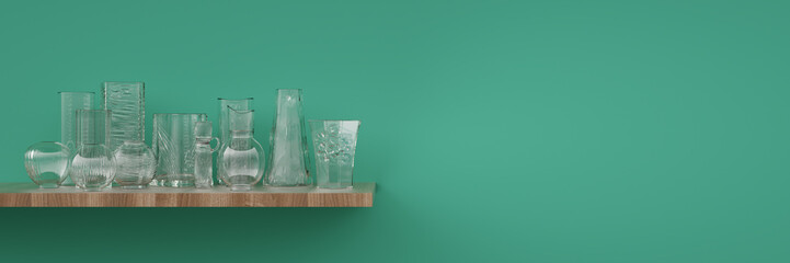Vasen aus Glas auf Regal vor Wand