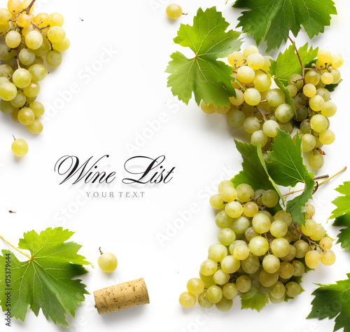 wine list background; sweet white grapes and leaf
