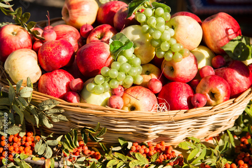 ripe apples with grapes in a basket