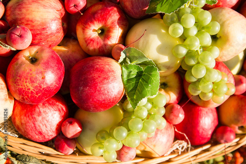 ripe apples with grapes in a basket