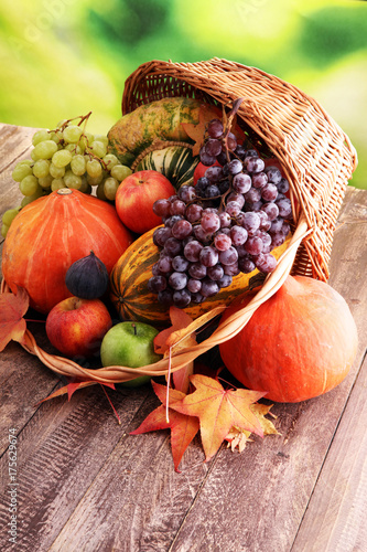Autumn nature concept. Fall fruit and vegetables on wood. Thanksgiving dinner.