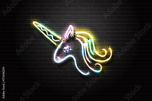 Plakat Wektorowy realistyczny odosobniony neonowy retro znak jednorożec dla dekoraci i nakrycia na ściennym tle.