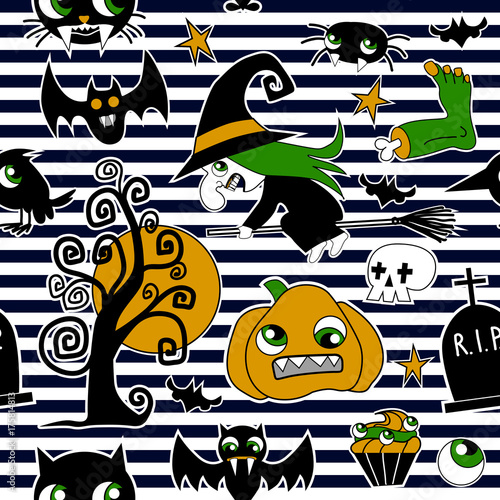Zdjęcie XXL Wzór łat elementów halloweenowych: dynia, czaszka, pająk, śluz, kot, nietoperz, kość.