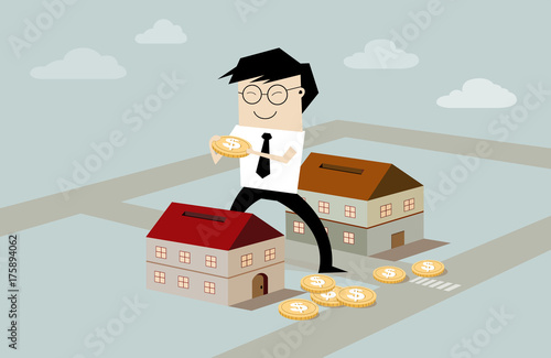 Businessman putting coins in house, real estate investment, flat style illustration