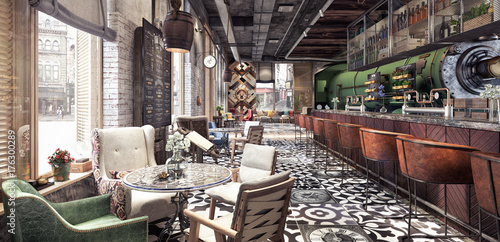 Zdjęcie XXL Projekt koncepcyjny nowoczesnej restauracji bar "Train Station" 3D Rendering