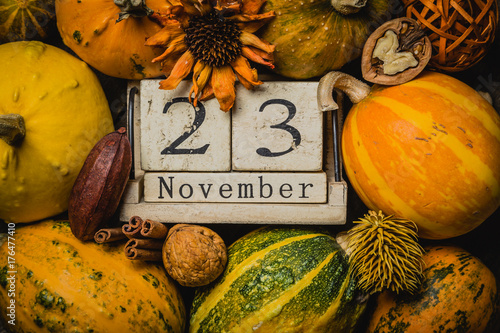 Thanksgiving concept - decorations with pumpkins