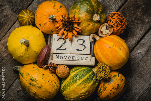 Thanksgiving concept - decorations with pumpkins