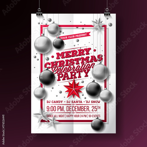 Vector Merry Christmas Party Flyer Illustration with Typography and Holiday Elements on White background. Invitation Poster Template.