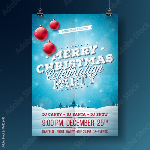Vector Merry Christmas Party Flyer Illustration with Typography and Holiday Elements on Blue background. Winter Landscape Invitation Poster Template.