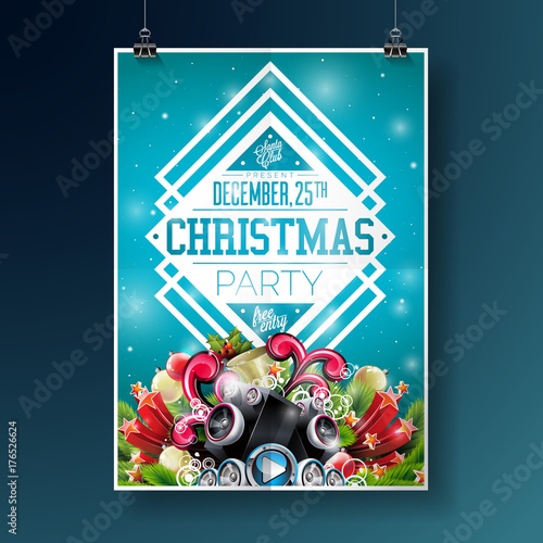 Vector Merry Christmas Party Flyer Illustration with Typography and Holiday Elements on Blue background. Invitation Poster Template.