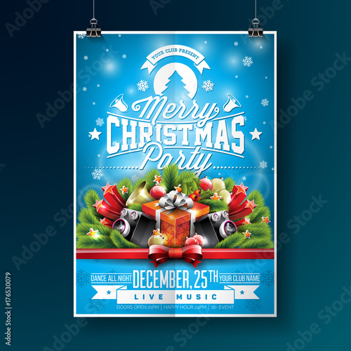 Vector Merry Christmas Party Flyer Illustration with Typography and Holiday Elements on Blue background. Invitation Poster Template.
