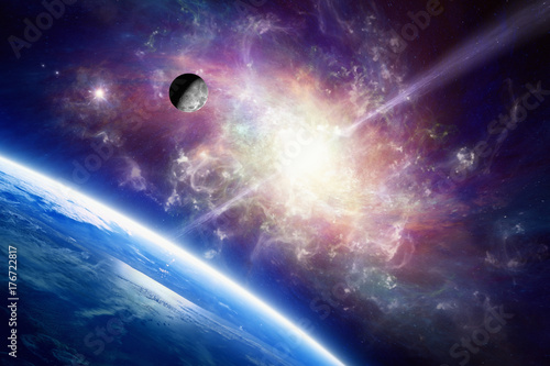 Obraz Fotograficzny Planet Earth in space, Moon orbits around Earth, spiral galaxy