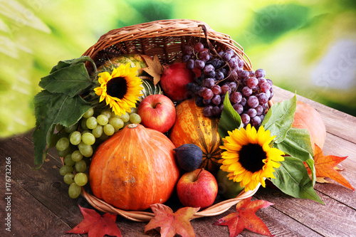 Autumn nature concept. Fall fruit and vegetables on wood. Thanksgiving dinner.