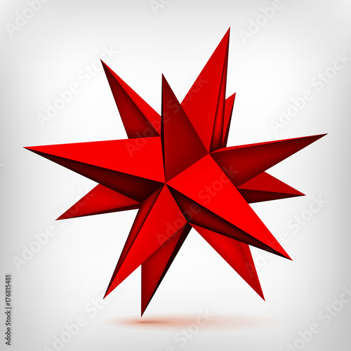 Plakat Tom wielościan czerwona gwiazda, low poly obiekt 3d, kształt geometrii, wersja siatki, kryształ origami, element abstrakcyjny wektor