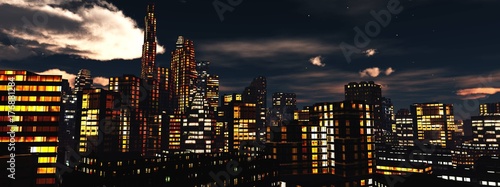 Plakat widok nocy miasto, panorama nocy miasto, chmury nad drapaczami chmur, 3d rendering