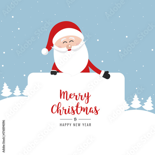 santa claus behind banner showing christmas gretting winter landscape background