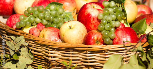 ripe apples with grapes in a basket