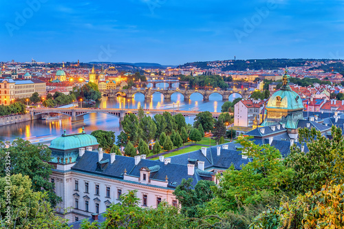 Prague night city skyline and Charles Bridge, Prague, Czech Republic