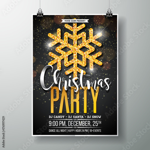 Vector Merry Christmas Party Poster Design Template with Holiday Typography Elements and Shiny Gold Snowflake on Dark Background.
