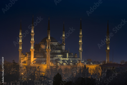 The Blue Mosque at night in Istanbul Turkey