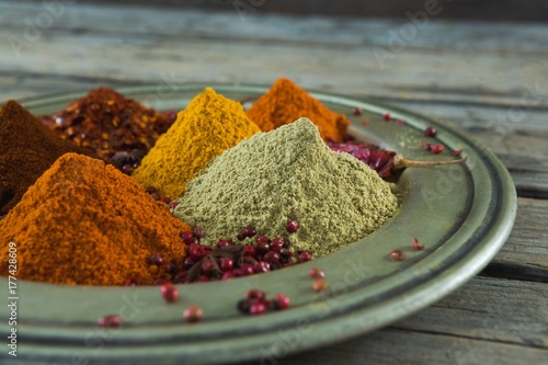 Various type of spices in plate on wooden table