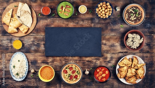 Plakat Asortowany indyjski jedzenie na drewnianym tle. Dania i przekąski kuchni indyjskiej. Curry, masło z kurczaka, ryż, soczewica, palak paneer, samosa, naan, chutney, przyprawy.