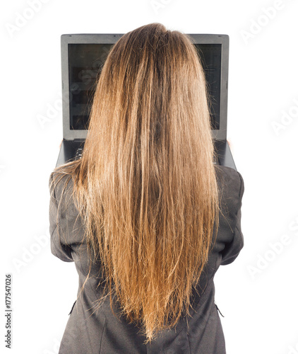business woman holding laptop in hands