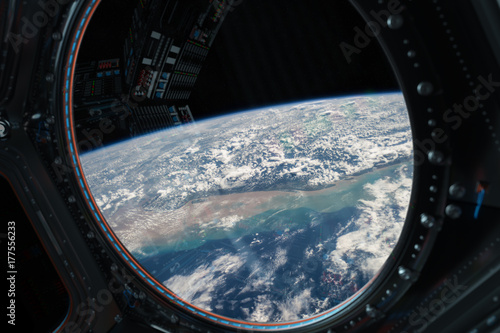 Plakat Widok planety Ziemia z okna stacji kosmicznej 3D renderowania elementów tego zdjęcia dostarczone przez NASA